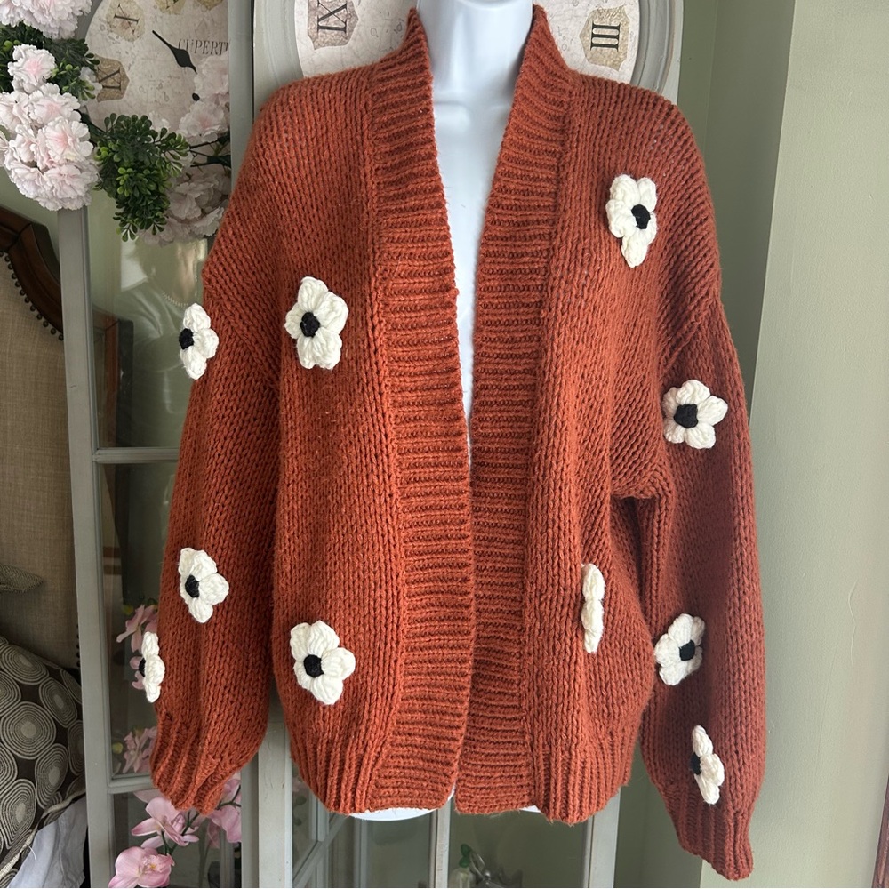 ANTHROPOLOGIE DUCHAMP The Susannah 3-D Floral Open Cardigan Sweater Rust OS